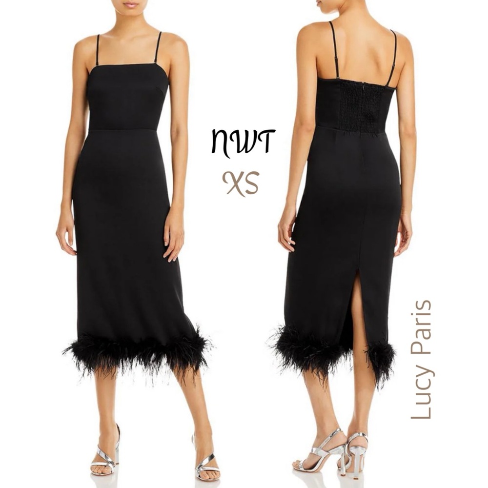 NWT ostrich feather black slim midi dress evening cocktail solid black luxury XS